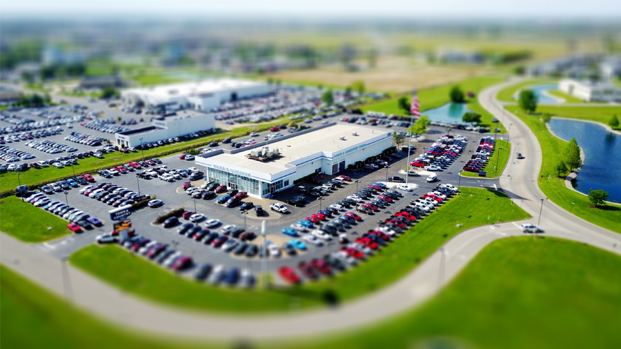 A panoramic, aerial shot, of a car factory