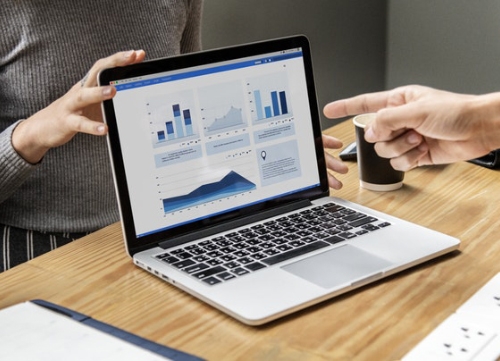 Closeup of two persons hands, pointing at a laptop screen showing some business graphics